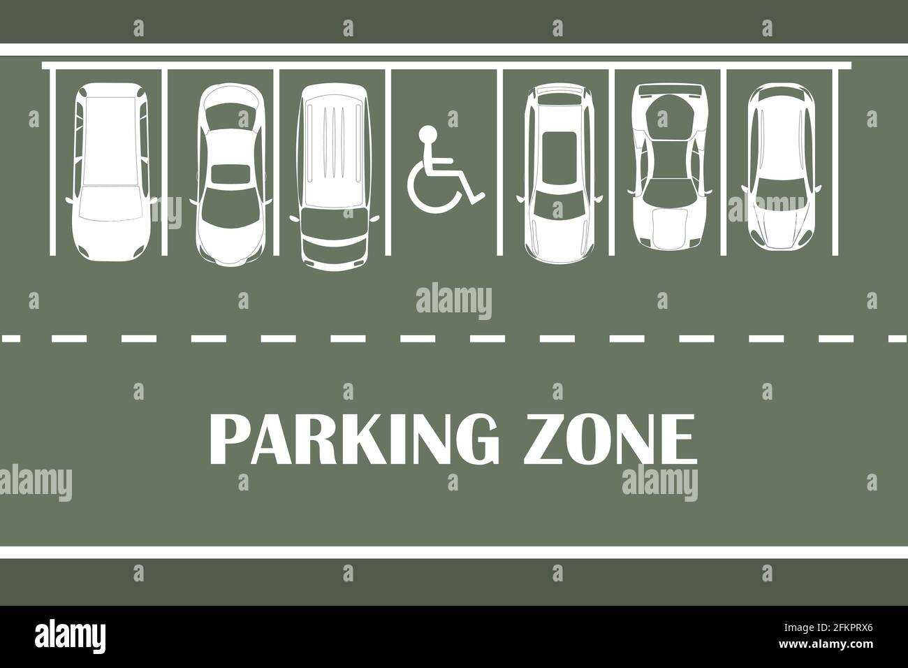 Parkplatzbanner. Parkdesign auf grünem Hintergrund. Weiße Autos Silhouette Draufsicht. Viele Autos parkten. Parkzone Poster. Straße mit Outdoor au Stock Vektor