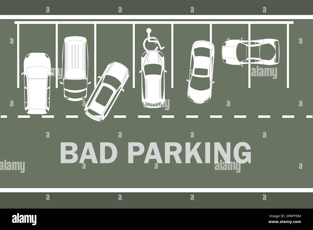 Parkplatz mit schlecht geparkten Autos. Infografik zu richtigen und falschen Parkplatzbeispielen. Weiße Silhouetten Autos Draufsicht. Regeln der Straße.Vektor-Illustration Stock Vektor