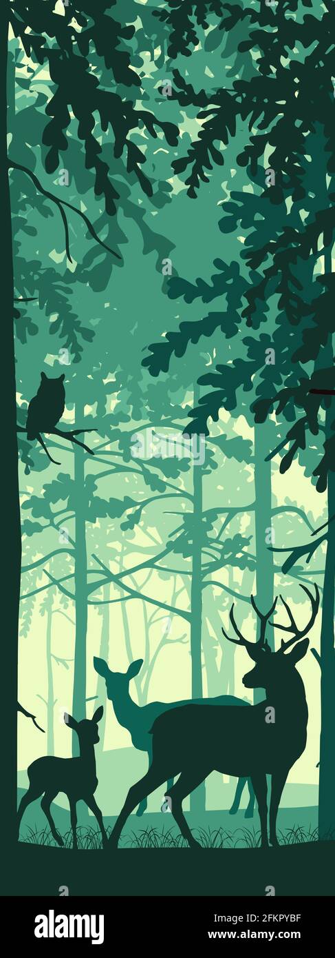 Vertikales Banner der Waldlandschaft. Fuchs und Eule im magischen Nebelwald. Silhouetten von Bäumen und Tieren. Blauer, grüner, schwarzer Hintergrund, Illustration. Stock Vektor