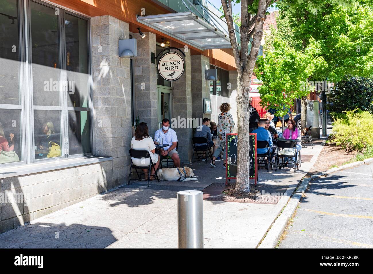 ASHEVILLE, NC, USA-1. MAI 2021: Das Black Bird Restaurant, mit Essen auf dem Bürgersteig. Menschen und Hund. Sonniger Frühlingstag. Stockfoto