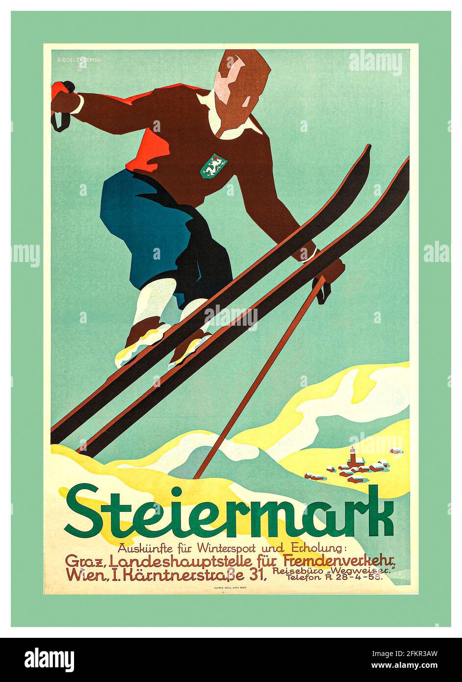 Skiskiplakat der 30er Jahre DES Jahrgangs STEIERMARK Wintersport von Edith Reidel & Olga Zaremba das Gebiet wird noch immer Steiermark genannt, während im Englischen der lateinische Name Steiermark verwendet wird Steiermark, Englisch Steiermark, Bundesland, Südost- und Mittelösterreich, angrenzend an Slowenien Österreich Stockfoto