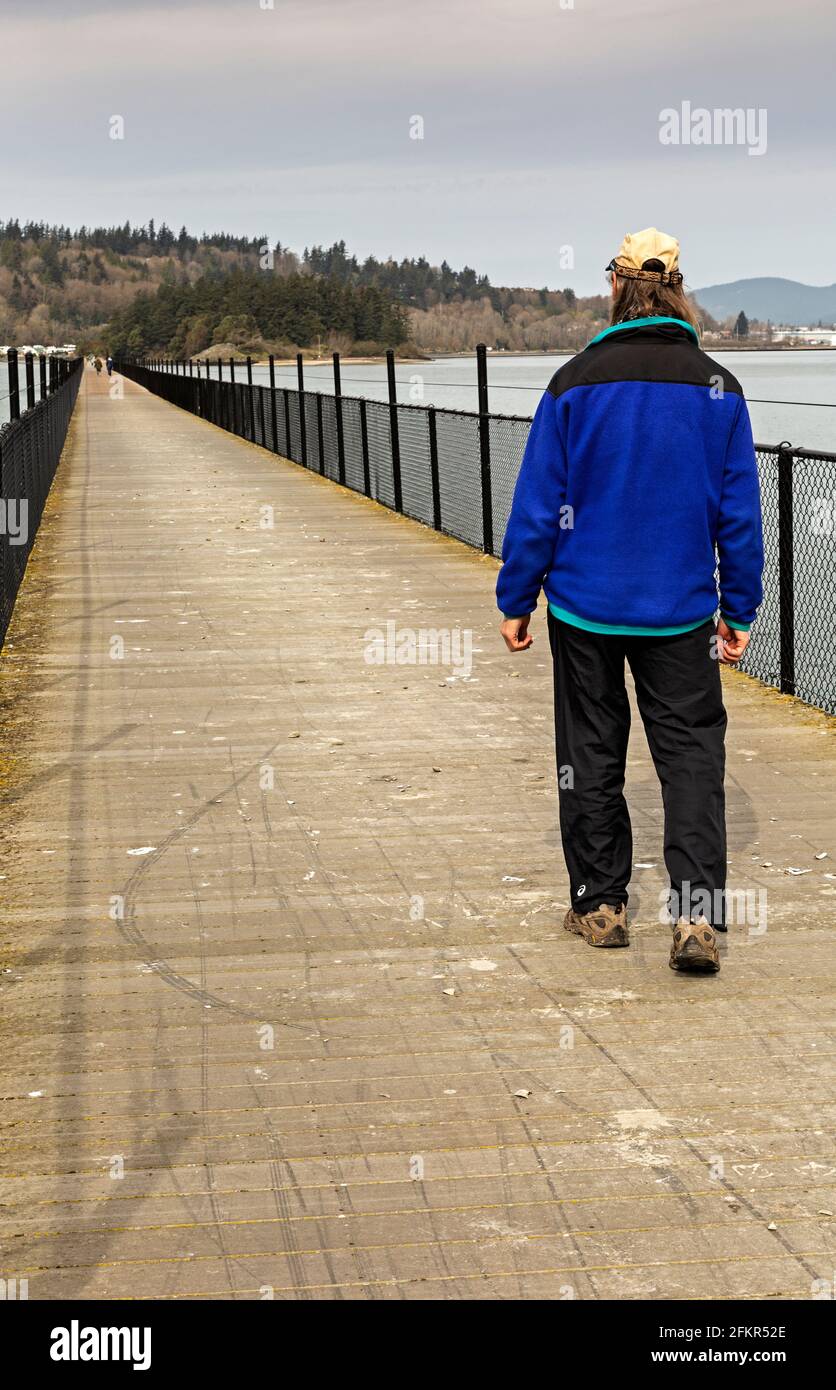 WA19572-00...WASHINGTON - Wanderer über den Tresle, der Fidalgo Bay überquert Der Tommy Thompson Trail mit dem Yachthafen und der Innenstadt von Anacortes In der BA Stockfoto