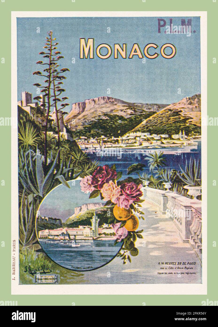 Vintage Monaco Travel Card/Poster, PLM 1900, Bahnreisen Stockfoto