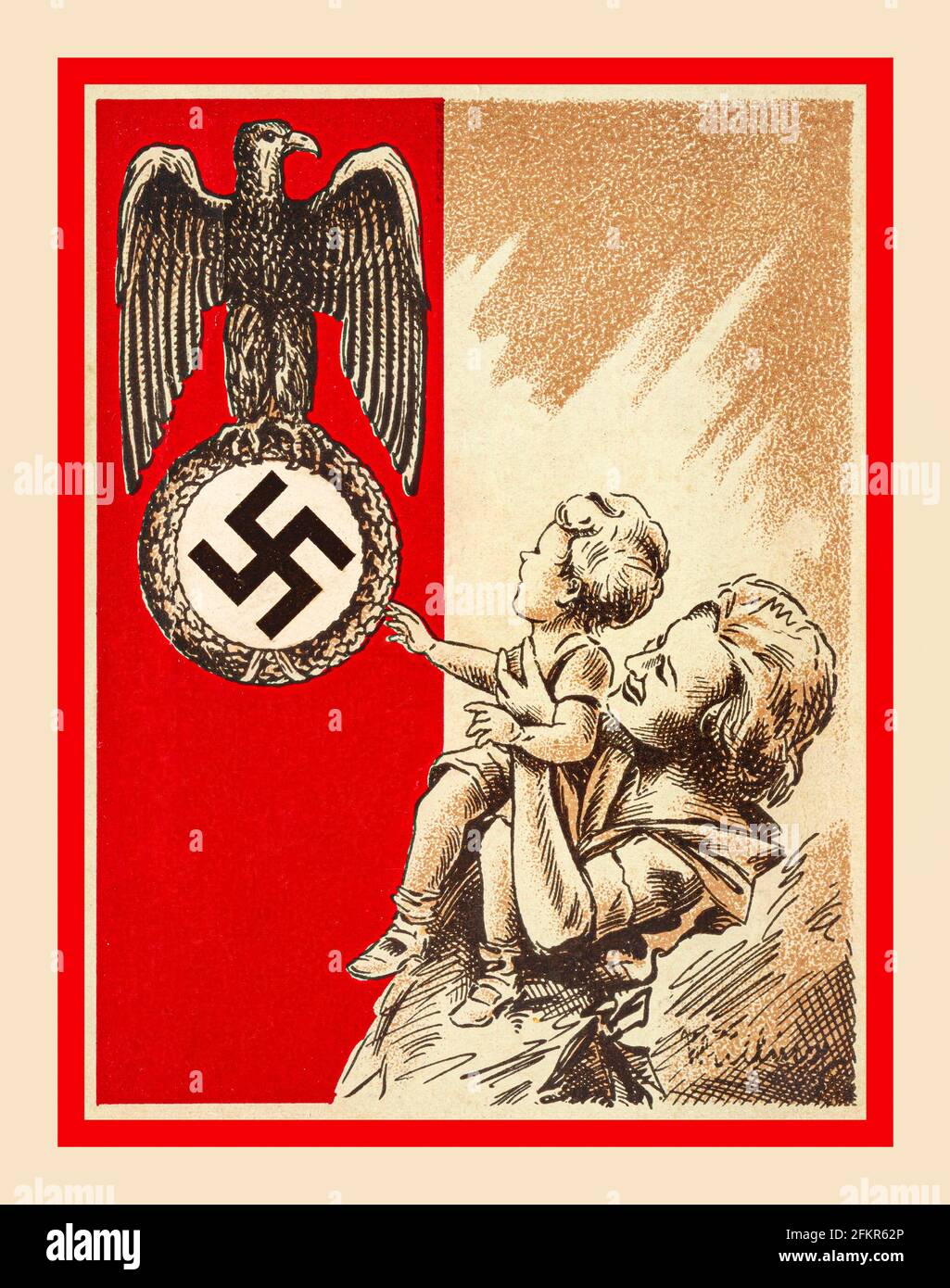NAZI-HAKENKREUZFAMILIE ANBETUNG 1939 Propaganda Postkarte Nazi-Deutschland zeigt Mutter und Kind mit dem Vaterland Nazi-Adler und Swastika als nationales Guardian-Symbol, das verehrt und bewundert wird... Stockfoto