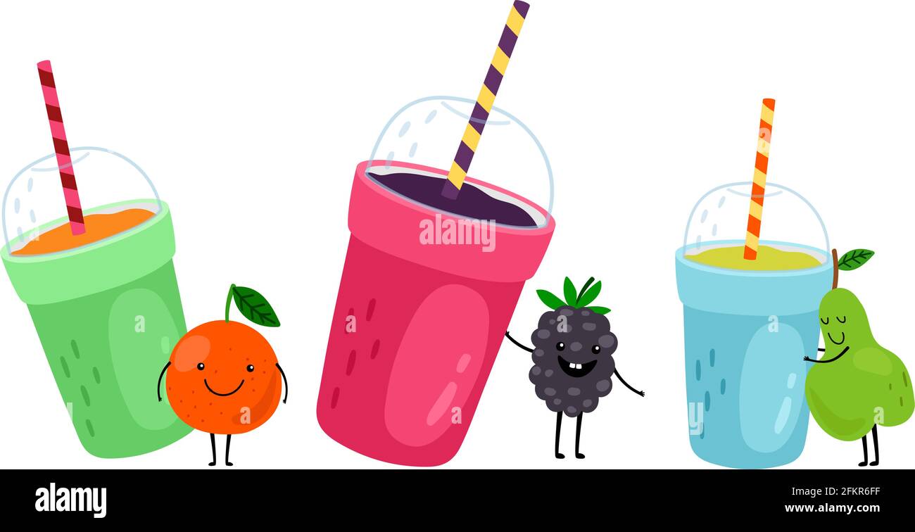 Fruchtgetränke. Happy Cartoon Orange, Birne und Brombeere. Tassen mit Smoothie oder frischen Säften mitnehmen. Isolierte helle gesunde Getränke Vektor-Illustration Stock Vektor