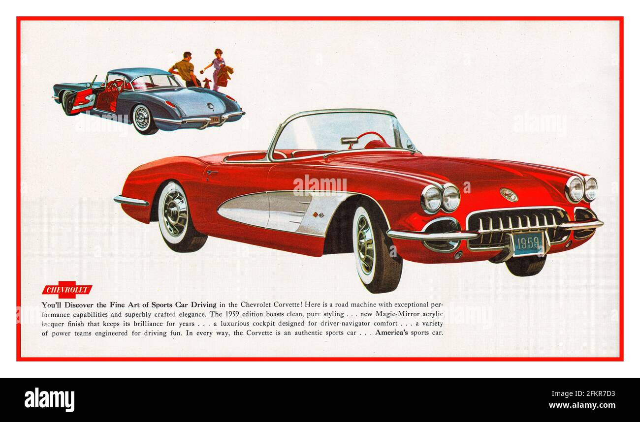 1959 Chevrolet Corvette Sports Car Presse Werbung die Chevrolet Corvette ist die 1959. Generation des von Chevrolet produzierten Corvette-Sportwagens. Es wurde Ende des Modelljahres 1953 eingeführt und bis 1962 produziert. Es wird allgemein als „solid-axle“-Generation bezeichnet, Stockfoto