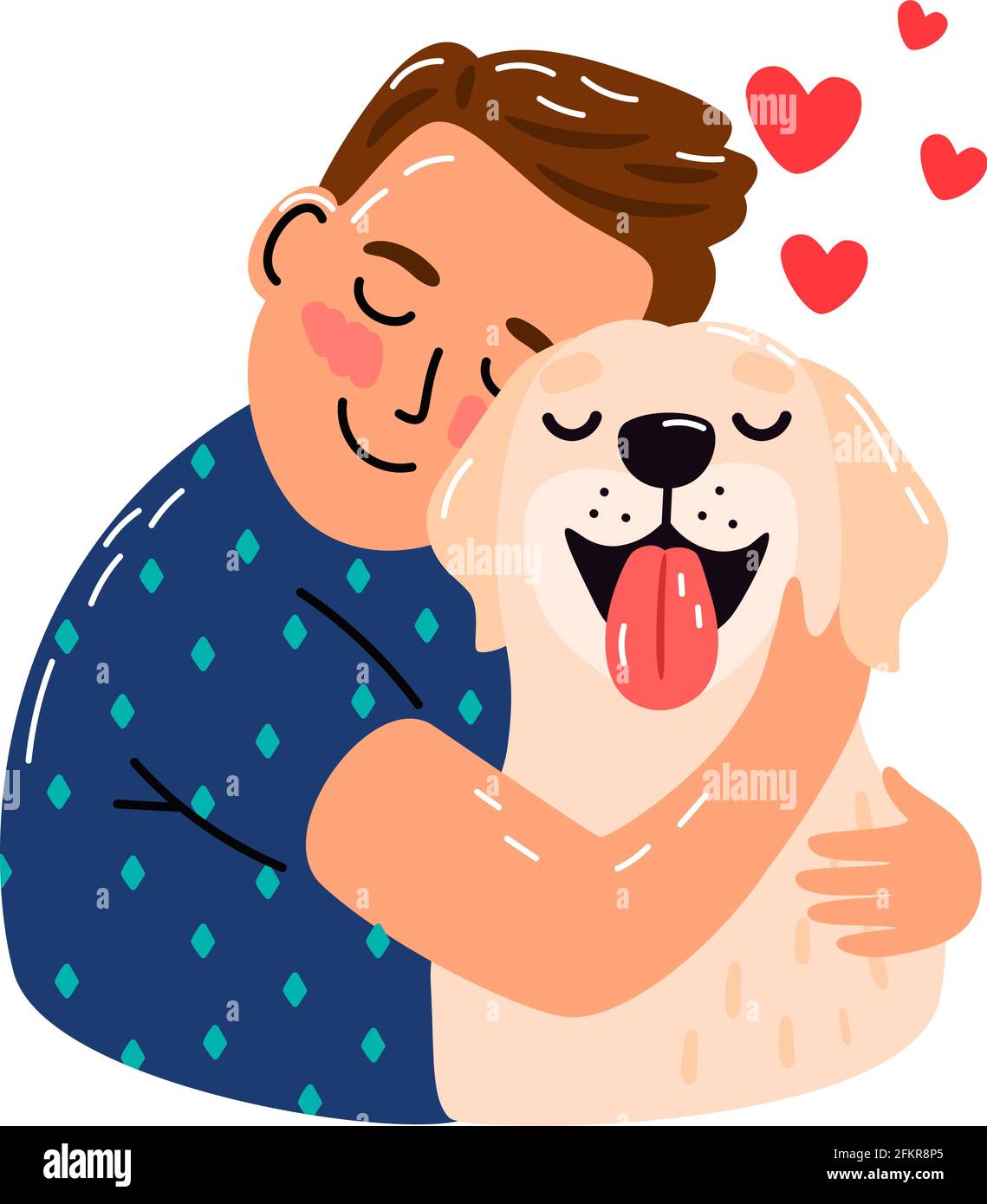 Junge umarmt Hund. Junger Mann umarmt Welpen mit Liebe, gemütliche entspannende Freundschaft von Mann und Haustier, Skizze mit roten Herzen isoliert auf weißem Hintergrund, Vektor-Illustration Stock Vektor