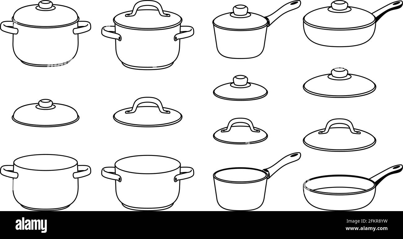 Schwenkt Skizzensymbole. Handgezeichnete Linienpaneelelemente für die Küche, schwarze Cartoon-Silhouetten von Töpfen, Vektordarstellung von skizzierten Kochgegenständen, isoliert auf weißem Backgroun Stock Vektor