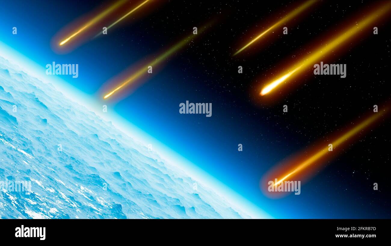 Satellitenansicht der Erdatmosphäre, der Meteore und der Sternschnuppen. Himmlischer Körper, der sich durch Reibung entzündet. Meteoriten. 3d-Rendering Stockfoto