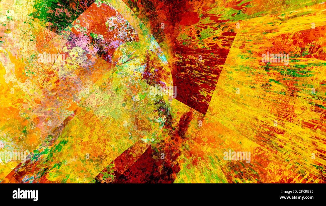 Abstrakter Hintergrund leuchtend rot orange Farbe Flecken verschmiert Spritzer Digitales Malen Stockfoto
