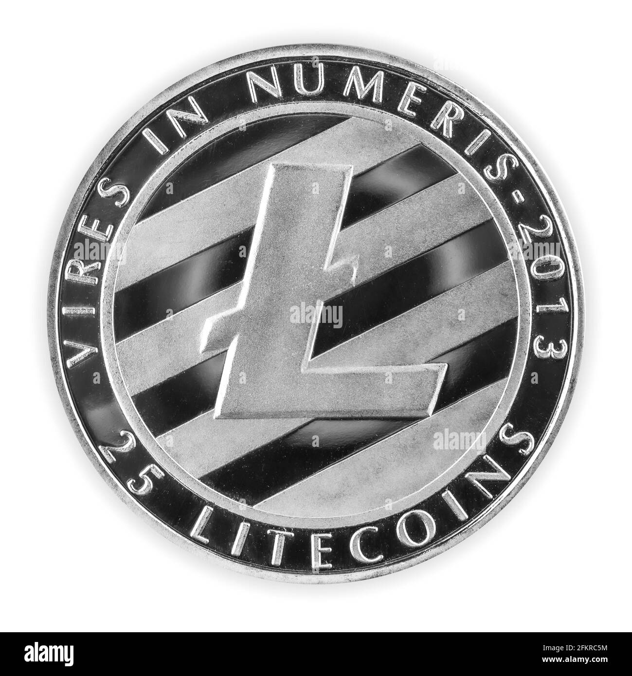 Silber Litecoin LTC Kryptowährung isoliert auf weißem Hintergrund, physische Münze und Symbol der Krypto Stockfoto