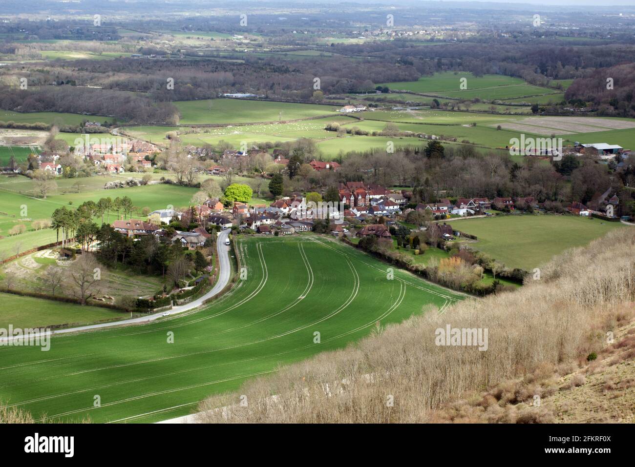 Eine Ansicht des Dorfes Poynings vom Devils Dyke in Sussex, England, Großbritannien Stockfoto