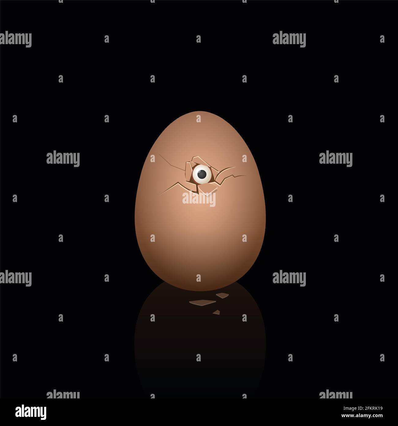 Zerbrochene Eierschale, Baby-Küken, das mit einem Auge ausschaut, schlüpfendes Huhn, symbolisch für Befürchtung, Unsicherheit, Angst oder für Mut. Stockfoto