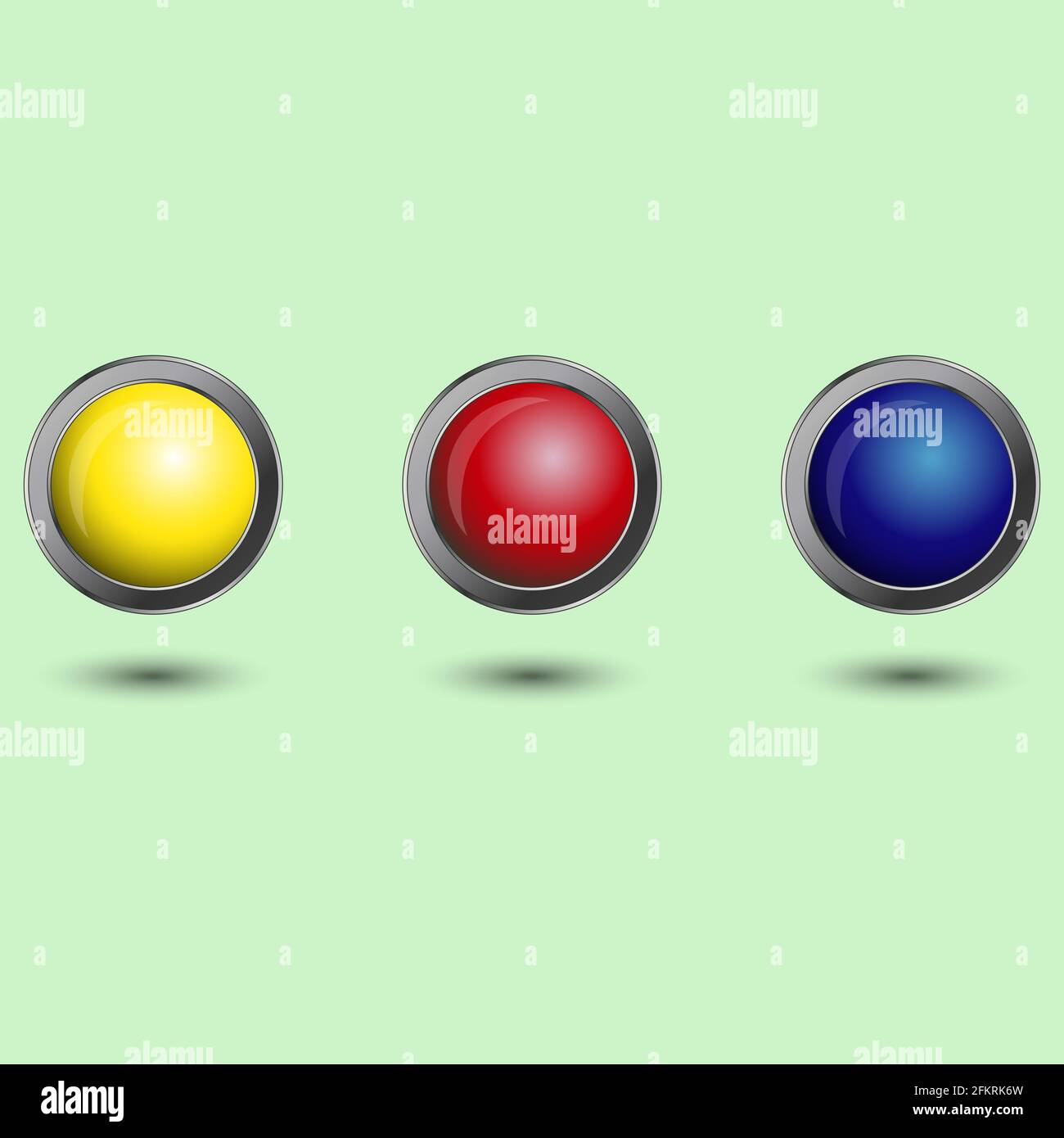 Vektor-Set von realistischen mehrfarbigen Tasten. Gelbe, rote und blaue 3d-Tasten mit einem metallischen Umriss. Elemente und Requisiten für Webdesign und Apps. Lager Stock Vektor