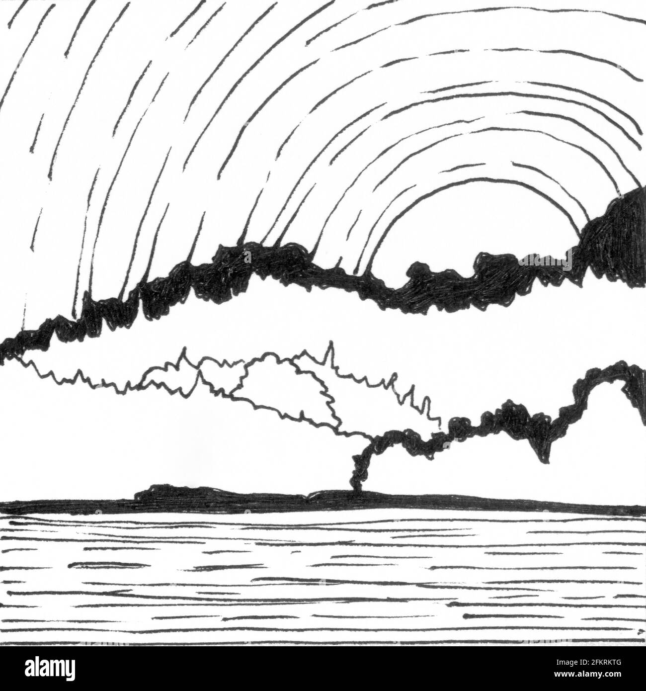 Bergsee handgezeichnete Tintenlandschaft. Abstrakte Cartoon schwarz-weiße Farbe Tapete mit Wasser, Bäume, Wolken, aufgehende Sonne auf weißem Hintergrund. Wilde Naturlandschaft, Wassertourismus Kunstkonzept. Stockfoto