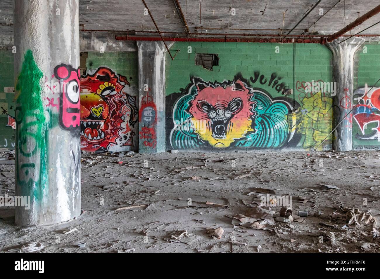 Detroit, Michigan - Graffiti in der verlassenen Fisher Body 21 Autofabrik. Die Fabrik wurde 1919 eröffnet, bis 1984 betrieben und wurde aufgegeben Stockfoto