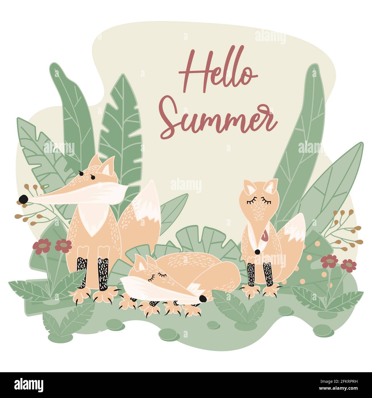 Eine Familie wilder Füchse, die im Wald leben. Männliche und weibliche Füchse mit einem Jungen auf dem grünen Gras und der Inschrift Hello Summer. Waldtiere. Stock Vektor