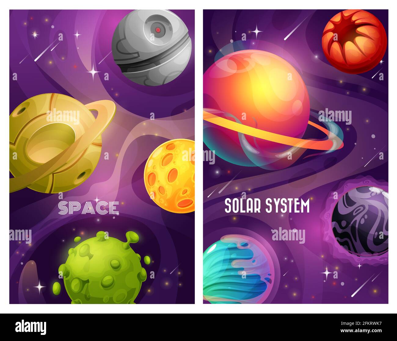 Weltraum-Planeten von außerirdischen Sonnensystem Cartoon-Vektor-Design. Galaxienuniversum Reise- und Astronomie-Banner mit fantasievollen bunten Planeten, Sternen und Kometen Stock Vektor