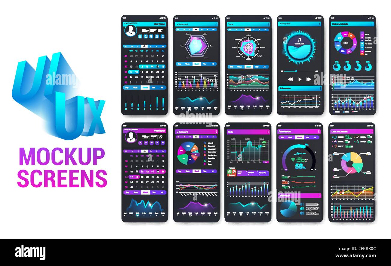 Helle und farbenfrohe Smartphone-Apps mit gut gestalteter Benutzeroberfläche. Handy-App-Mockups für Sport, Fitness, Banking und Payment. Moderne Infografik Stock Vektor