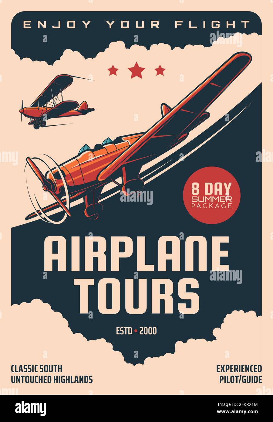 Flugzeugtouren, Flugzeugpiloten führen Flüge Vektor Retro Poster. Vintage Flugzeug und Propeller Flugzeuge Tourismus und Luftfahrt Reise Abenteuer Service Stock Vektor