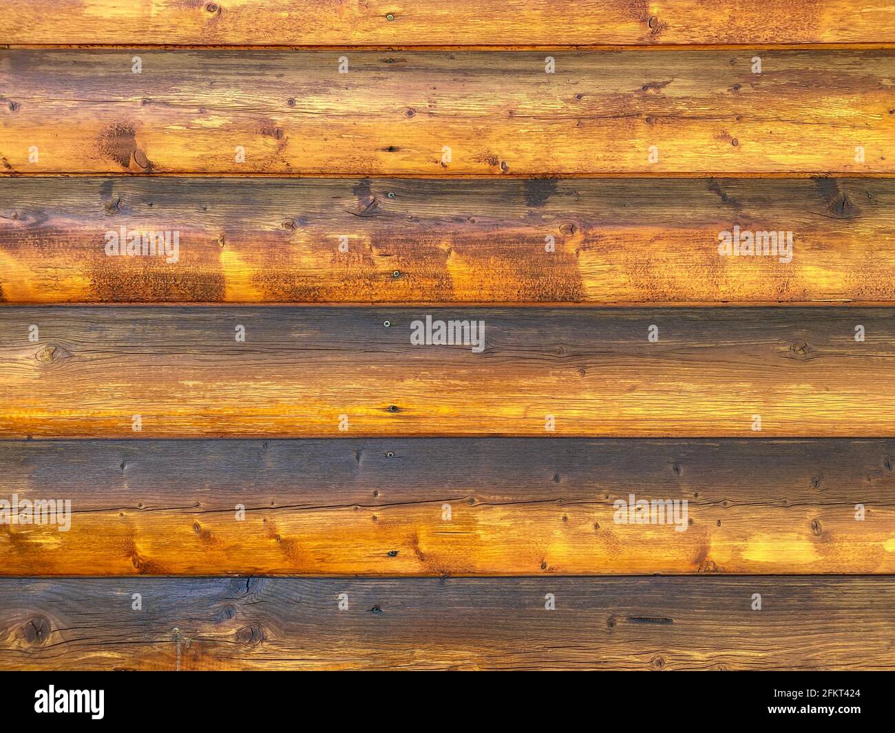 Die Außenwand des Blockkabinengebäudes ist wetterfest und glänzend lackiert Stockfoto