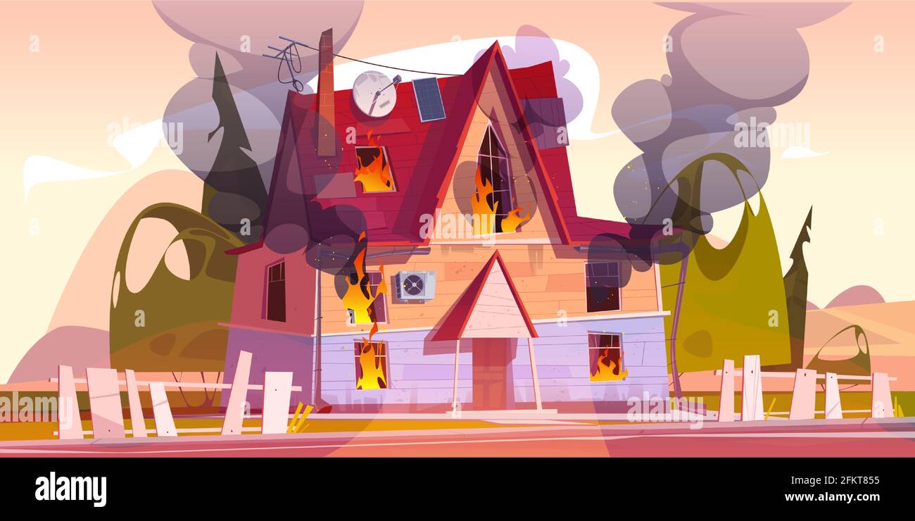 Haus in Brand, Haus brennen mit Flamme und Wolken von schwarzem Rauch. Konzept von Katastrophe, Unfall, Gefahr. Vektor-Cartoon-Landschaft mit brennenden alten Vorstadthaus, Zaun und grünen Bäumen Stock Vektor