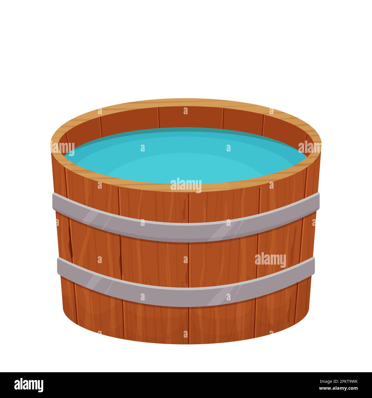 Holzbadewanne mit Wasser im Cartoon-Flat-Stil isoliert auf weißem Hintergrund. Traditionelle Natursauna, Badehausausstattung. Vektorgrafik Stock Vektor