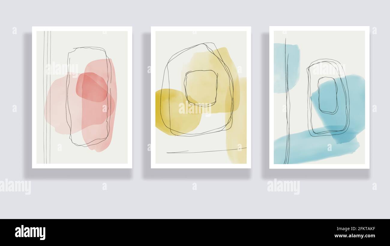 Trendiges Set von Aquarell minimalistischen abstrakten handgemalten Illustrationen. Abstrakte Kompositionen kritzeln verschiedene Formen. Ideal für Design Wanddekoration Stock Vektor