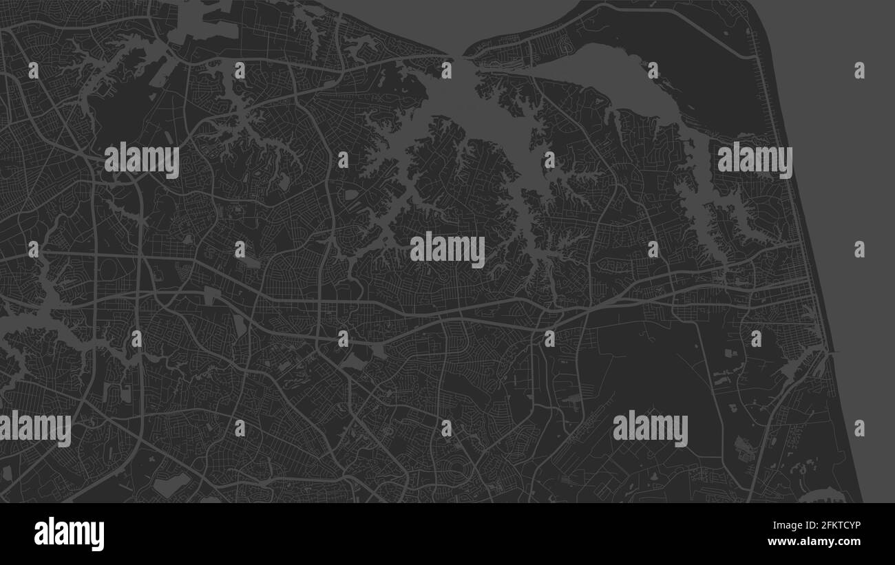 Schwarz und dunkelgrau Virginia Beach Stadtgebiet Vektor Hintergrund Karte, Straßen und Wasser Kartographie Illustration. Breitbild-Anteil, digital flach de Stock Vektor