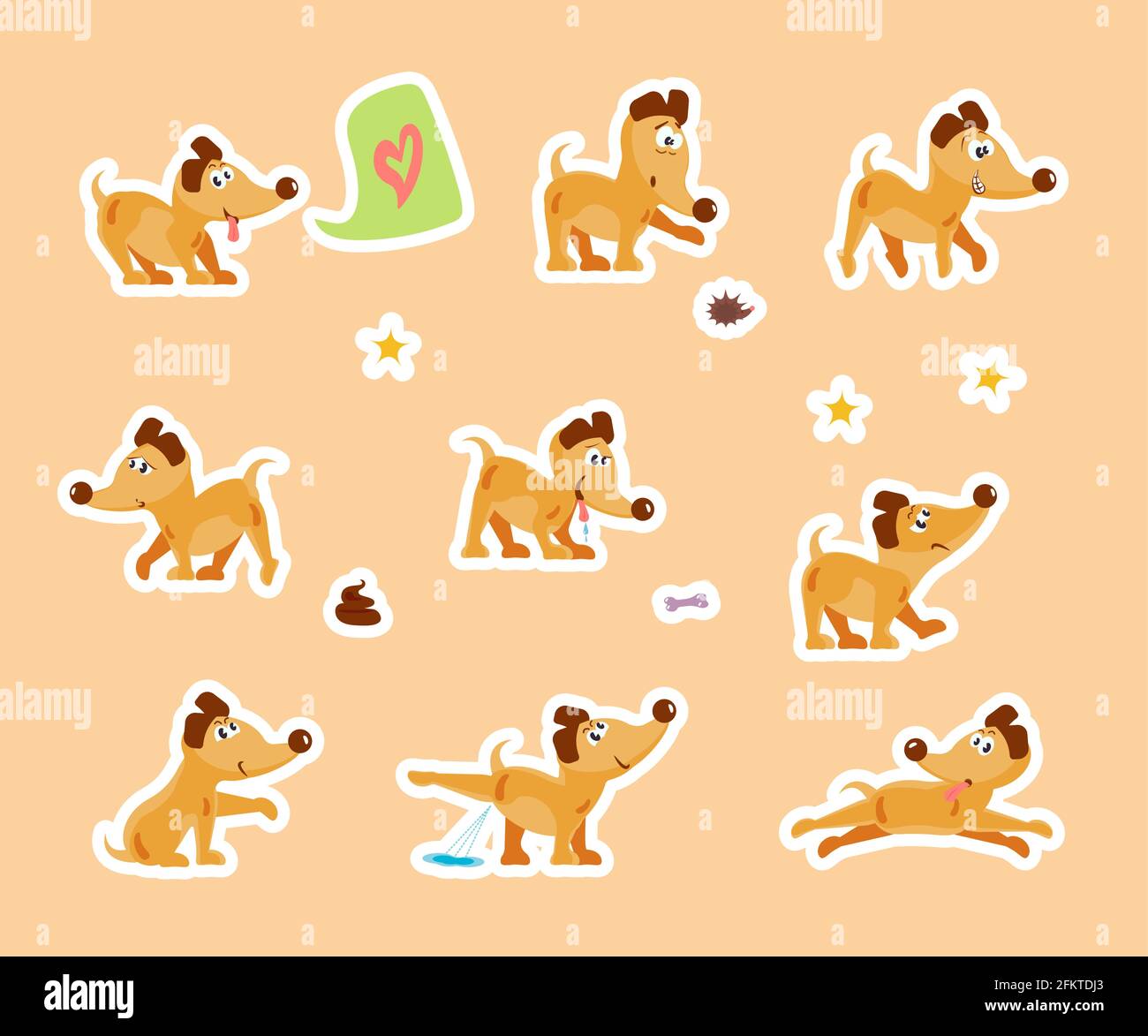 Lustige Welpen täglichen Hund Routine Aufkleber gesetzt. Niedliche klebrige Etiketten mit niedlichen kleinen doggy verziert. Zeichen, Symbole, Objekte von Eisbecher. Flat Art Vektor I Stock Vektor