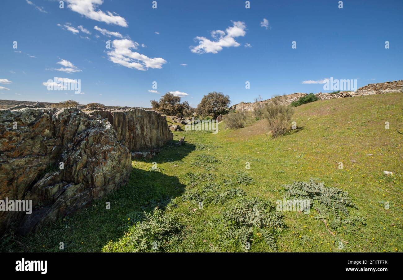 Archäologische Stätte von Tamusia, Botija, Caceres, Extremadura. Graben Westhispano-keltische Bergfestung der Vettonier. Stockfoto