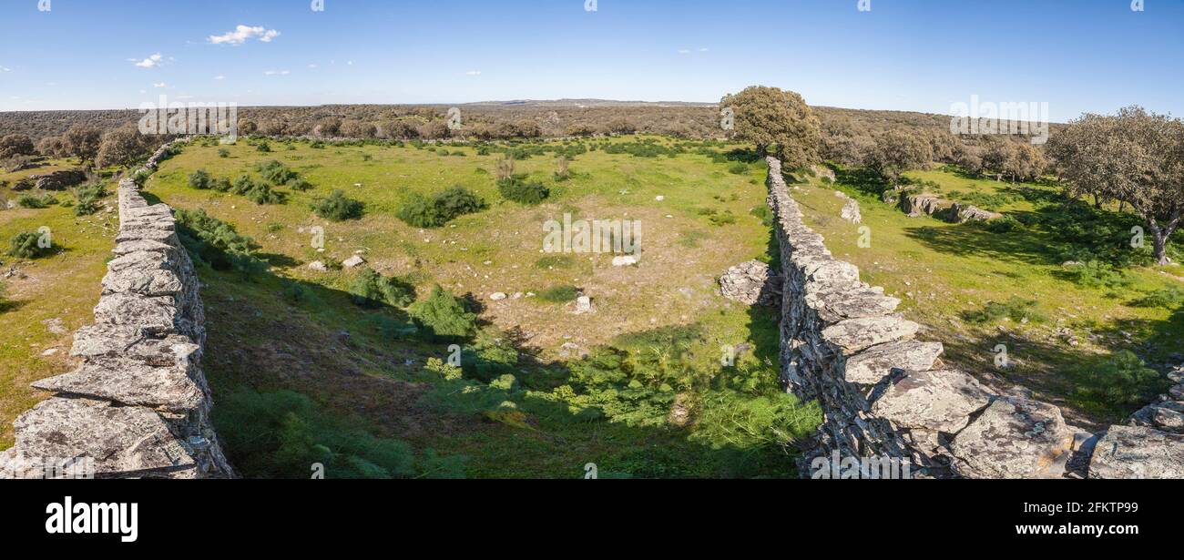Archäologische Stätte von Tamusia, Botija, Caceres, Extremadura. Wandgehäuse. Westhispano-keltische Bergfestung der Vettonier. Stockfoto