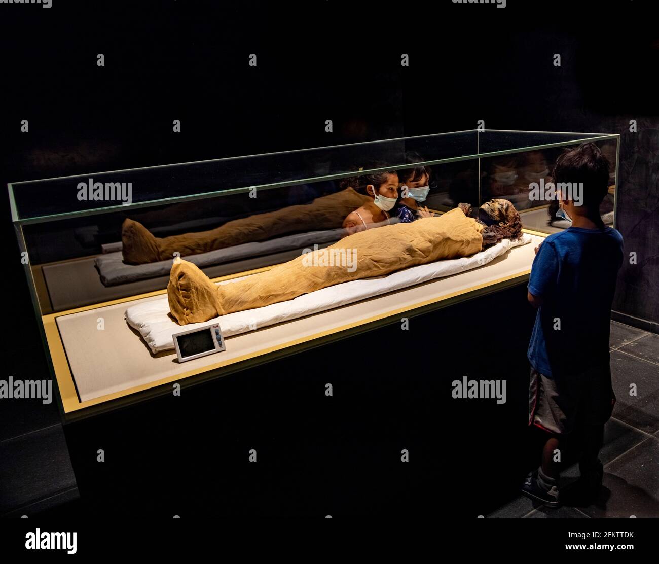 Kinder, die die Mumie von Königin Tiye (gestorben 1341 v. Chr.), Nationalmuseum der ägyptischen Zivilisation, betrachten Stockfoto