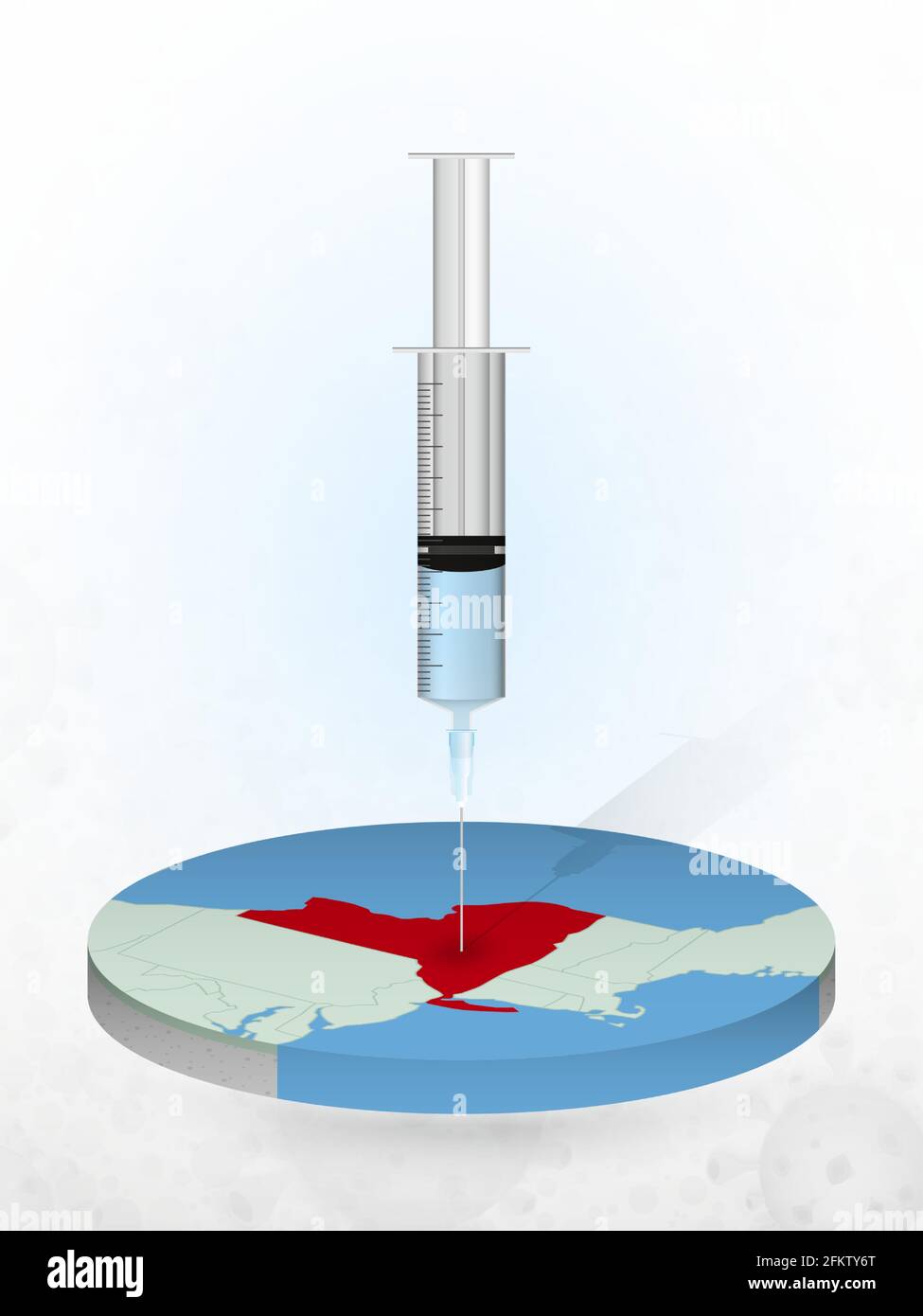 Impfung von New York, Injektion einer Spritze in eine Karte von New York. Vektordarstellung einer Spritze mit Impfstoff und MAP. Stock Vektor