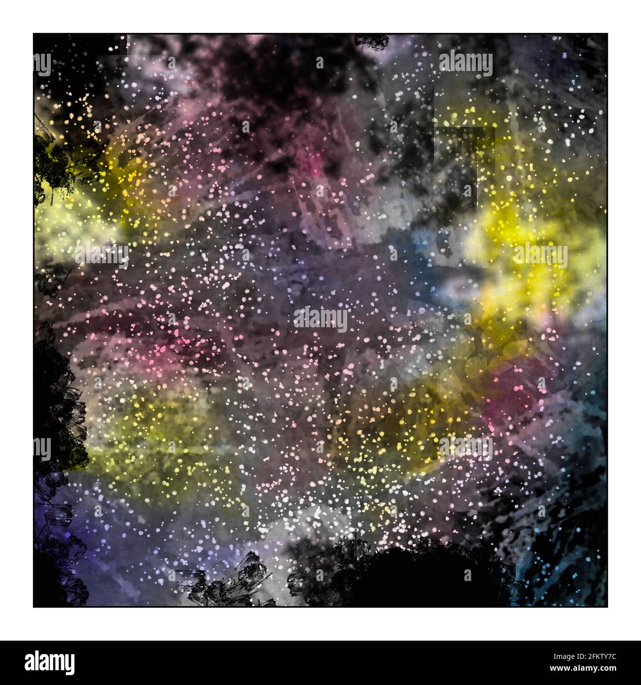 Regenbogengelb, blau, rosa Tinte spritzt auf schwarzem Quadrat auf weißem Hintergrund. Schmutzige Farben. Pinseleffekt, Spritzer und Striche. Helle Aquarelle. Stockfoto