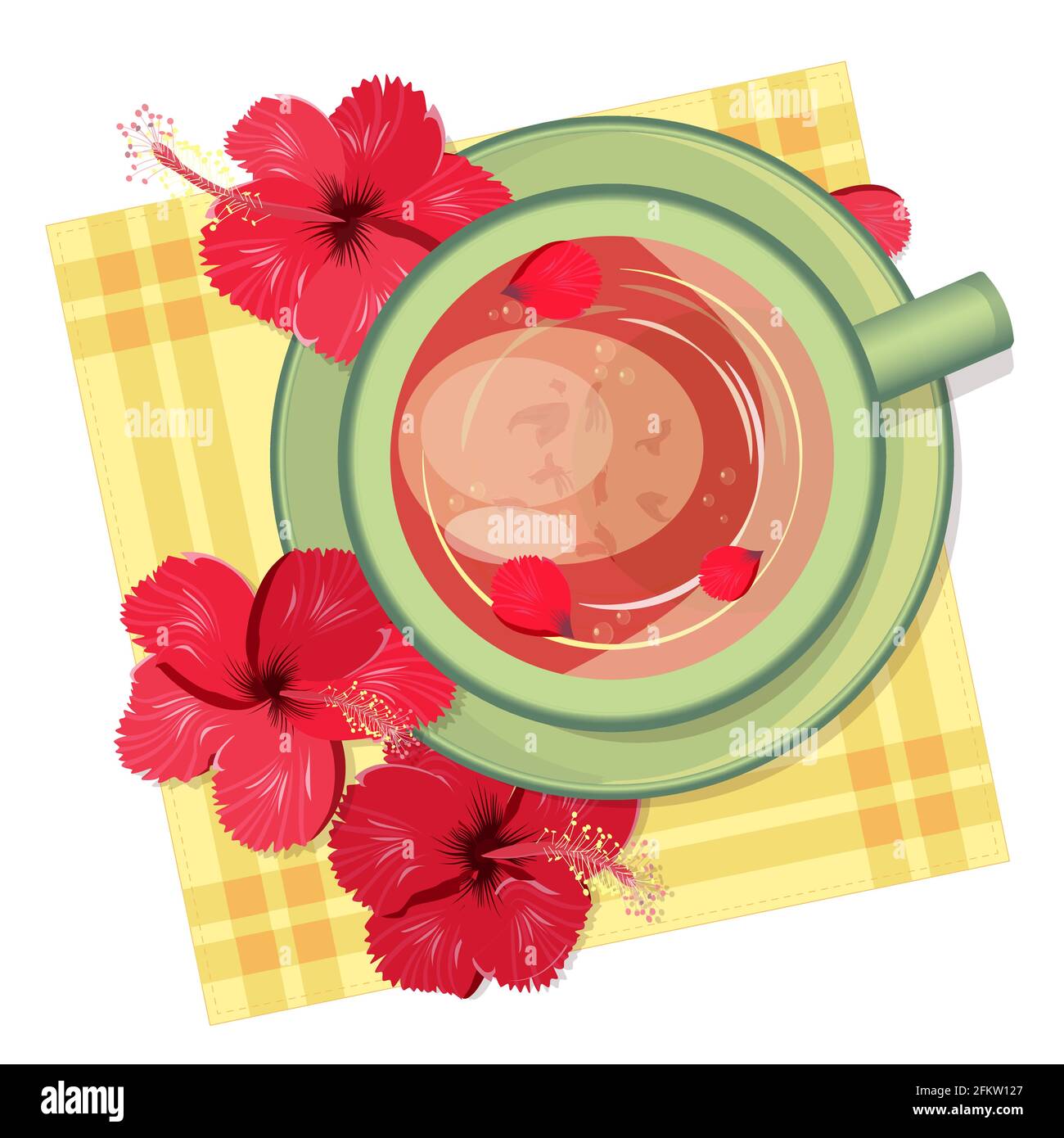 Karkade-Tee in einem grünen Tonbecher, Hibiskusblüten auf einer leuchtend gelben Serviette, Landhausstil, Draufsicht. Kräutergetränk. Vektorgrafik flach. Stock Vektor
