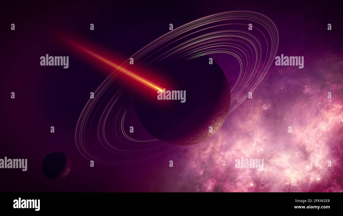 Planet mit Ringen und Kometen nähert sich einem Stern. Ein Komet ist ein eisiger Körper des kleinen Sonnensystems, der Gase freisetzt. Sonneneinstrahlung und der Sonnenwind Stockfoto