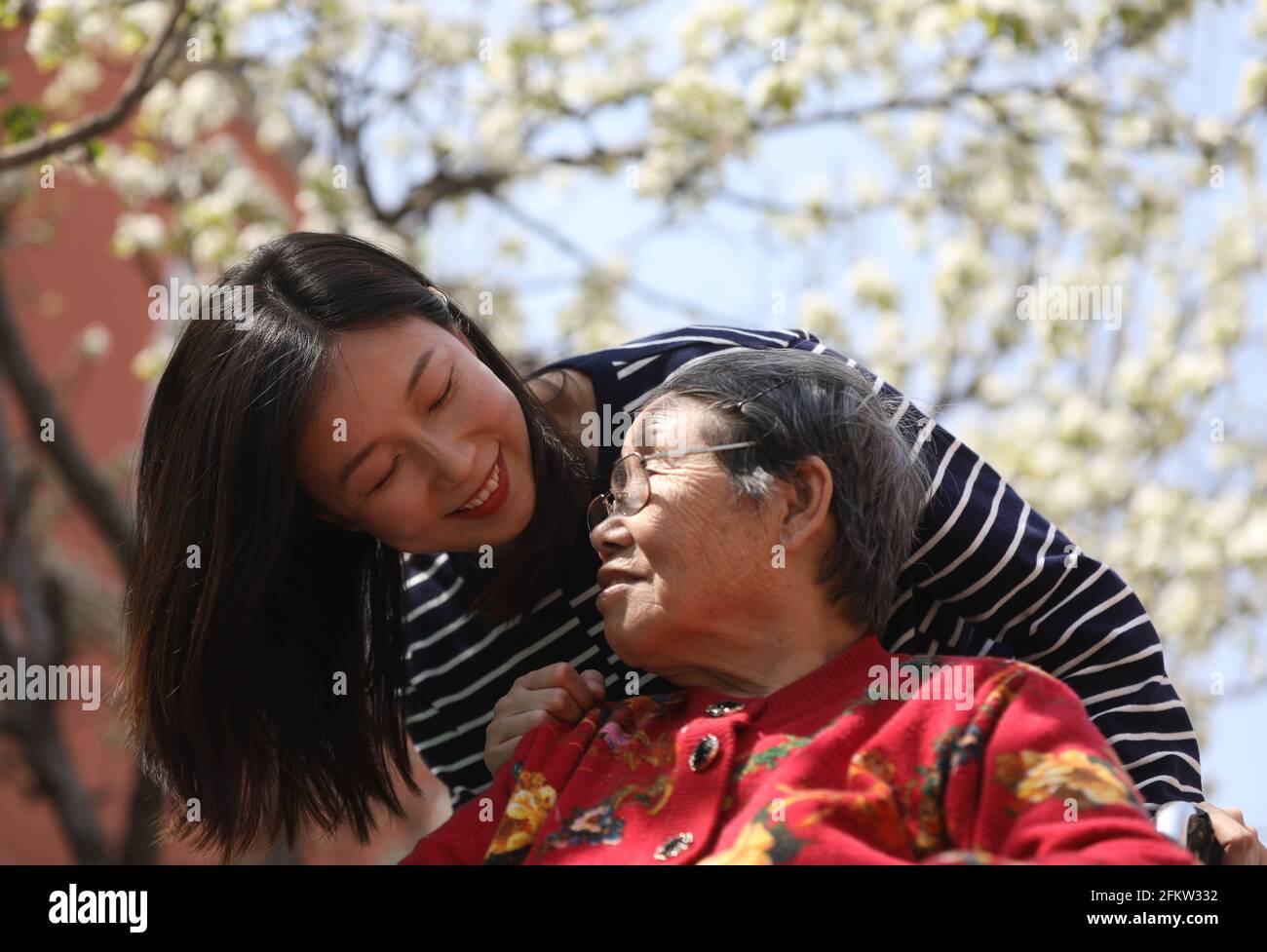 (210504) -- SHENYANG, 4. Mai 2021 (Xinhua) -- Chen Si begleitet eine ältere Frau im Pflegeheim Tianzhushan in Shenyang, der Hauptstadt der nordöstlichen Provinz Liaoning, am 21. April 2021. Chen Si, 34, schloss sein Studium an der Harvard University ab. 2013 gab sie ihren Job an der Wall Street auf und kehrte in ihre Heimatstadt zurück. Und dann begann sie eine Vollzeitstelle als Direktorin eines Pflegeheims.Zuerst verstanden viele nicht, warum eine junge Dame wie sie eine solche Entscheidung traf und zweifelte, ob sie sich gut um ältere Menschen kümmern könnte. Es gibt fast 500 ältere Menschen in der Pflegehalle Stockfoto