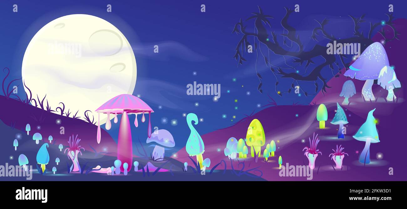 Eine fantastische Landschaft mit Nebel, magischen Pilzen und dem Mond am Nachthimmel. Eine andere Welt, Hintergrundkonzept. Vektorgrafik Stock Vektor