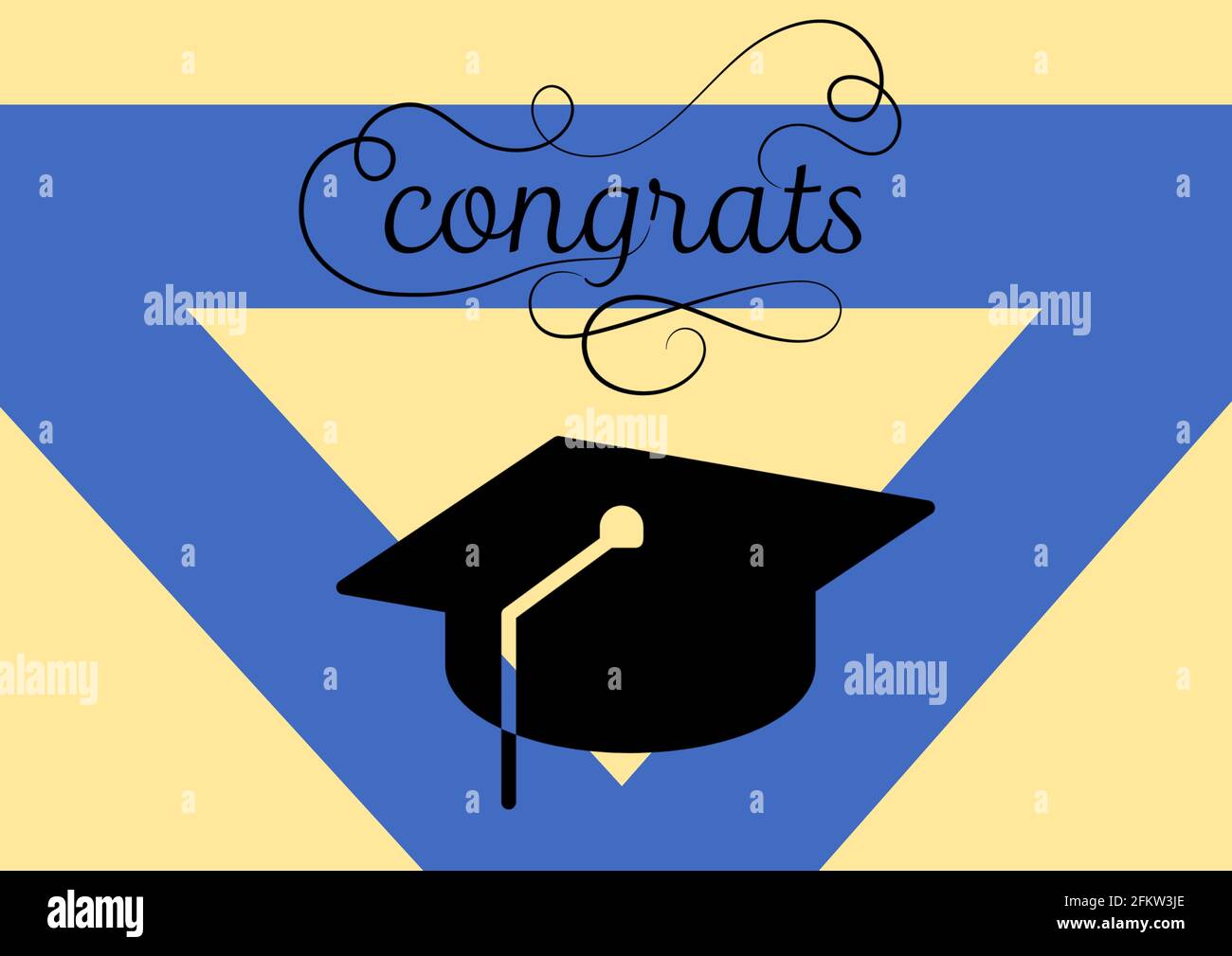 Komposition von Gratulsten in lockiger Schrift mit Mortarboard und Blau Dreieck auf cremefarbenem Hintergrund Stockfoto
