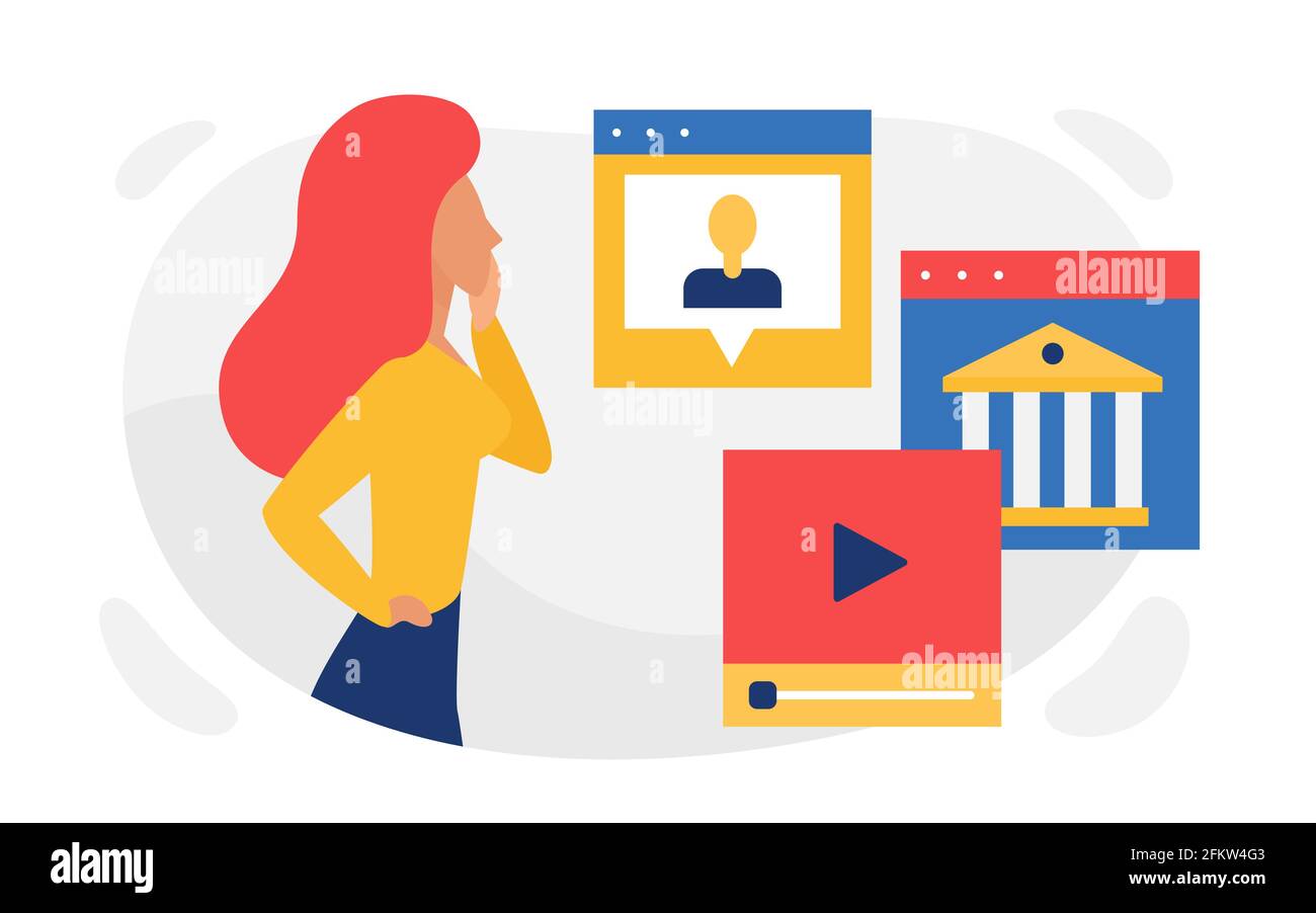 Online-Schulungskurse, Studentin mit Webinar-Chat-Fenster, Web-Video-Player Stock Vektor