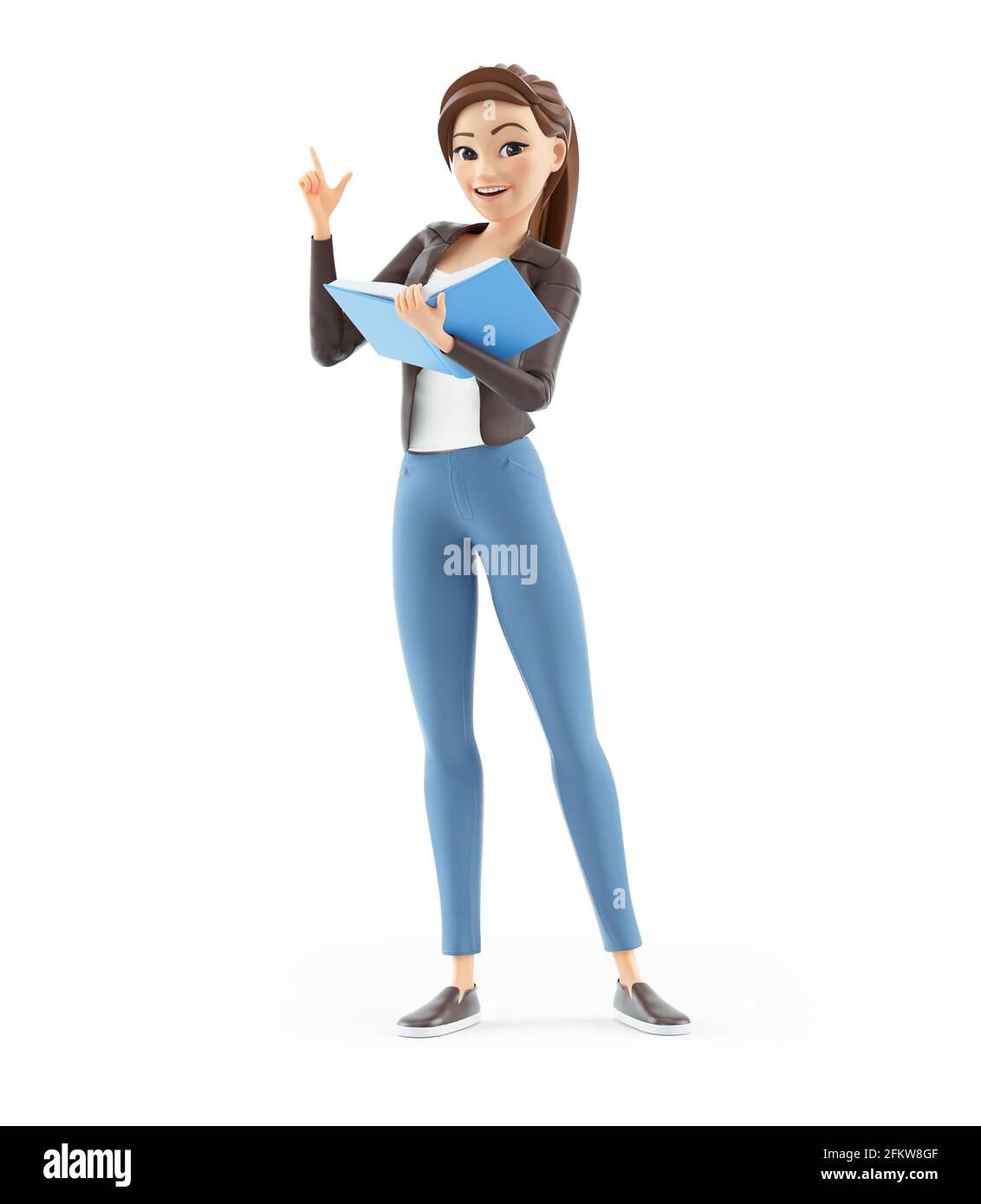 3d-Cartoon-Frau mit Buch stehend, Illustration isoliert auf weißem Hintergrund Stockfoto