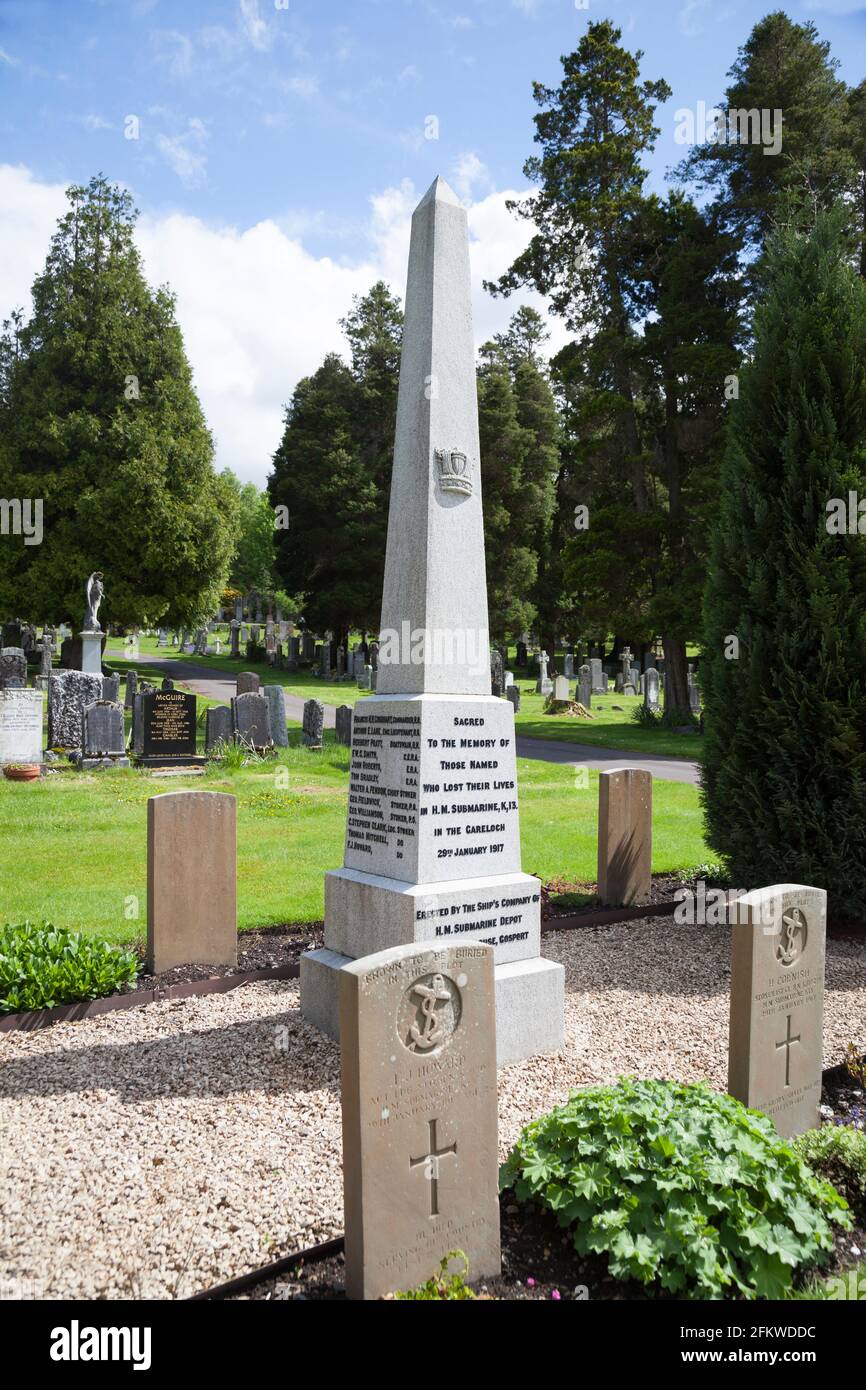Denkmal für die Männer der U-Boot-Katastrophe K13, Faslane Cemetery, Schottland Stockfoto