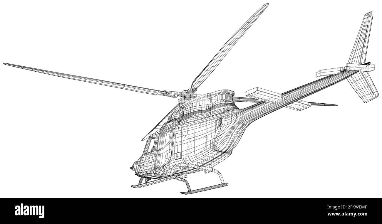 Fliegender Hubschrauber. Drahtrahmen-Lufttransport. Vektor aus 3d erstellt Stock Vektor