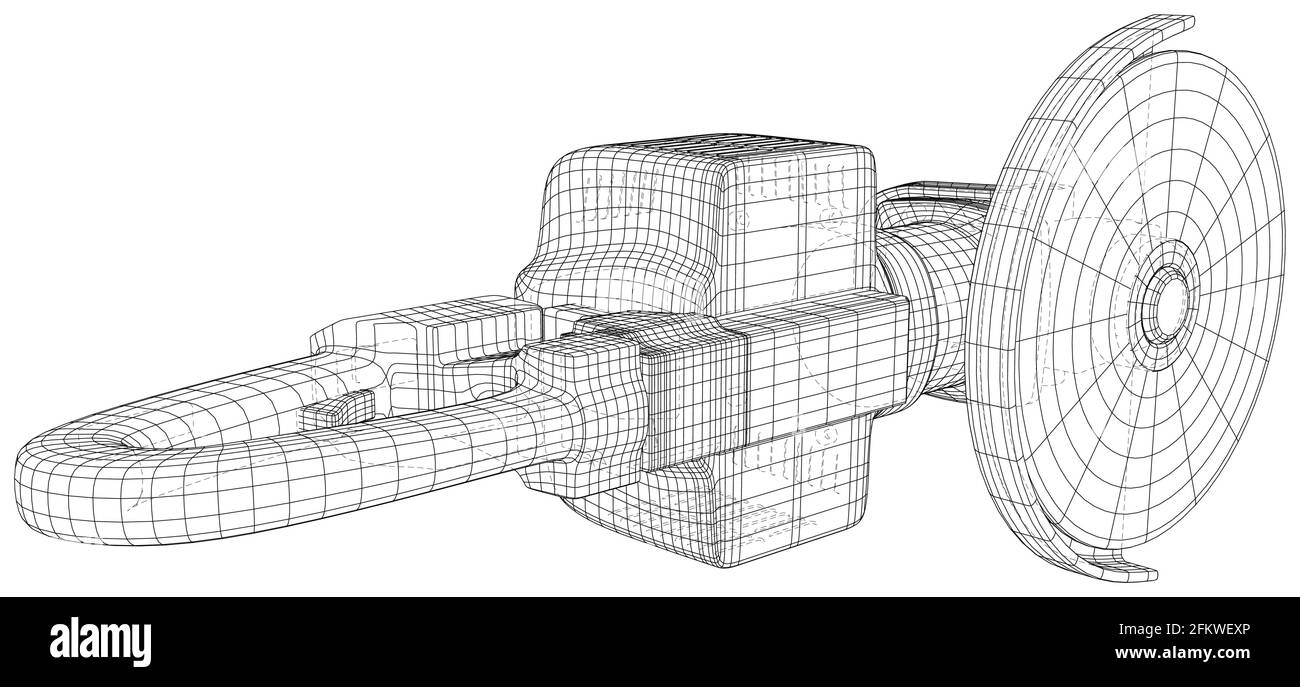 Winkellaschine mit Benzinmotor. Drahtgestell-Gasoline-Schleifmaschine auf weißem Hintergrund. EPS10-Format. Vektor erstellt aus 3d, Drahtrahmen Stock Vektor