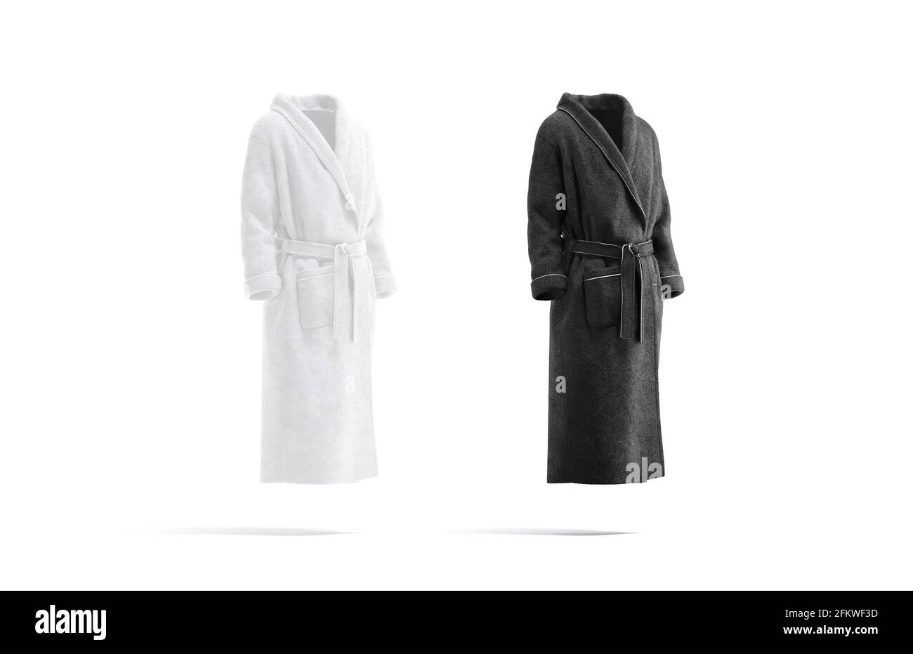 Blanke schwarz-weiße Bademantel-Mockup-Set, Seitenansicht, 3d-Rendering. Leeres Textil-Housecoat für die Badpflege-Mock-up, isoliert. Klar komfortabel f Stockfoto