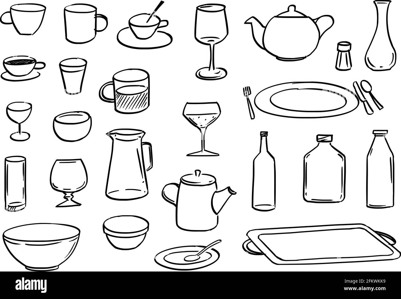 Geschirr- oder Geschirrset, skizzenhafte Cartoon-Handzeichnung Stock Vektor