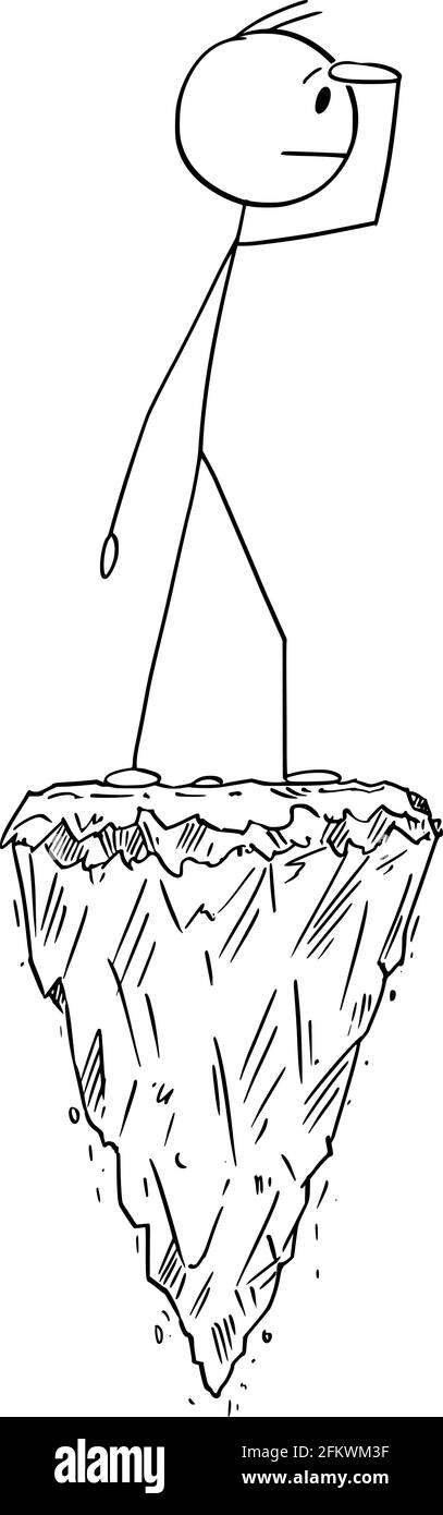 Mann steht auf dem Felsen auf der Suche nach Zukunft oder Gelegenheit, Vektor Cartoon Stick Figur Illustration Stock Vektor