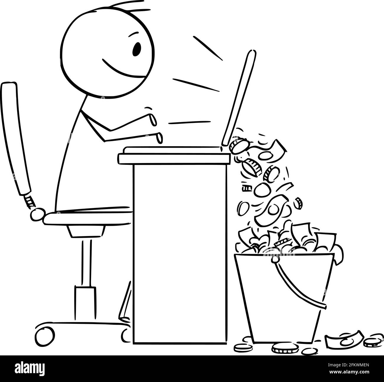 Person oder Geschäftsmann, der am Computer Geschäfte macht und Geld online verdient, Vektorgrafik Cartoon Stick Abbildung Stock Vektor