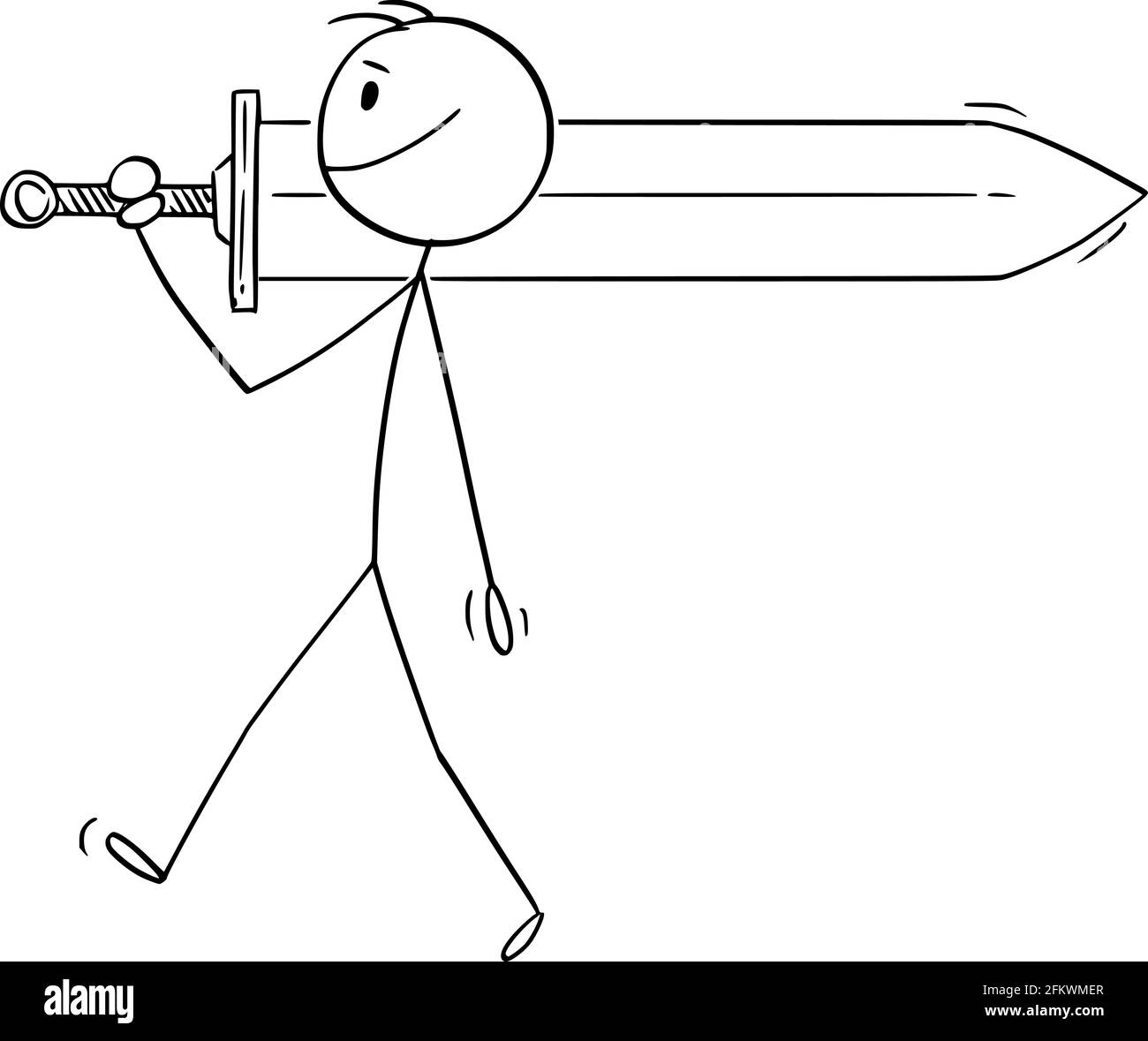 Person oder Krieger, die großes Schwert in die Schlacht tragen, Vektorgrafik Cartoon Stick Figure Illustration Stock Vektor